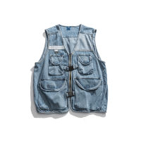 New Stylish Cool Men`s Denim Vest Loose Fit Street Vintage Multi Pockets Retro Waistcoat Sleeveless Jeans Jacket For Men