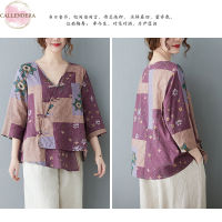 Women Summer Cotton Linen Shirt Loose V Neck Pullover Irregular Tops Ethnic Style Printing Half Sleeves Blouse