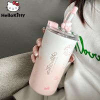 แก้วใช้ในสำนักงานแก้วพร้อมหลอด Sanrio Hello Kitty 480มล. สำหรับผู้ใหญ่ผู้ใหญ่หลอดดูดสดใสขนาดเล็กสำหรับนักเรียนกาแฟ