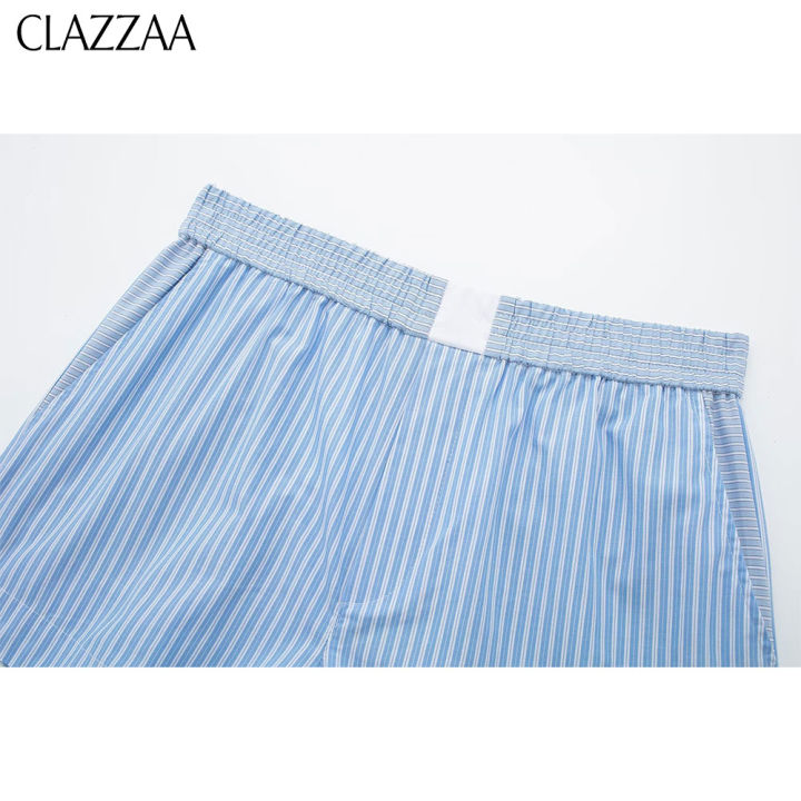 clazzaa-กางเกงขาสั้นเอไลน์ลายทางสีฟ้าตัดกันแฟชั่นสำหรับผู้หญิงผู้หญิงกางเกงขาสั้นแบบลำลองเก๋ไก๋