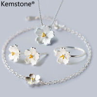 Kemstone Silver Plated Cherry Blossoms ชุดเครื่องประดับจี้สร้อยคอแหวนกำไลต่างหู4Pcs ชุด