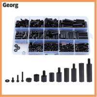 GEORG 320PCS ไนลอนทำจากไนลอน ที่กั้นระยะหกเหลี่ยมตัวผู้และตัวเมีย M2 สีดำสีดำ ถั่วคละแบบ ตัวยึด ชุดน็อตและสลักเกลียว โครงการอิเล็กทรอนิกส์ DIY