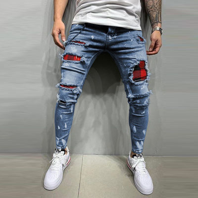 2021New Mens Quilted Embroidered jeans Skinny Jeans Ripped Grid Stretch Denim Pants MAN Patchwork Jogging Denim Trousers S-3XL