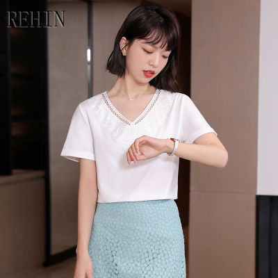 REHIN เสื้อยืดผู้หญิงแขนสั้นคอวีดีไซน์เฉพาะฤดูร้อนสไตล์เกาหลีแบบใหม่