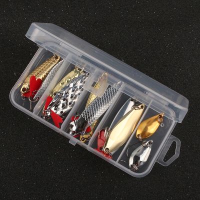 【LZ】✲  10Pcs Fishing Metal Spoon Lure Kit Set Gold Silver Baits Sequins Spinner Lures with Box Treble Hooks Fishing Tackle Gear