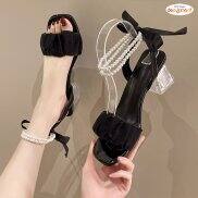 Giày Sandal cao gót 5 phân quai ngang nhún bèo phối nơ vòng ngọc gót trong