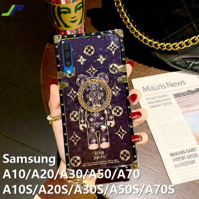 JieFie อินเทรนด์หมีกรณีโทรศัพท์สำหรับ Samsung Galaxy A20S / A10S / A50S / A30S / A70S / A10 / A20 / A30 / A50 / A70 Luxury Chrome-Plated Square ปลอก Creative เย็บที่มีสีสัน TPU ฝาครอบโทรศัพท์กันกระแทก + ขาตั้งแหวน