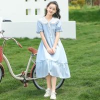 Girls Summer Short Sleeve Dress Junior Kid Doll Neck Princess Dress Korean Temperament Casual Skirt New Trend