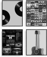 ศิลปะติดผังดนตรีย้อนยุคชุด4ชิ้นตกแต่งผนังห้องขาวดำเครื่องเล่นเสียงบันทึกเพลงเทปคาสเซ็ทโปสเตอร์สุนทรียภาพดนตรีร็อคฮิปปี้งานศิลปะแบบไร้กรอบการพิมพ์-X