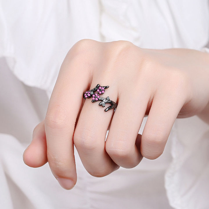 sanwood-ไม้พาย-แหวนปรับขนาดได้แหวนเปิดทองแดงลายดอกพลัมพลอยเทียมสำหรับสวมใส่ทุกวันแฟชั่นแหวนสตรี