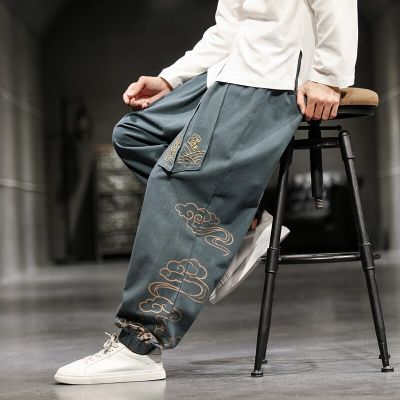 2023กางเกงขาบานผู้ชายโอเวอร์ไซส์,กางเกงฮาราจูกุปักกางเกงขายาวผู้ชายแบบลำลองฝ้ายลินินใหม่กางเกงจ๊อกกิ้งแนวสตรีท