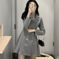 Korean Women Elegant Blazer Dress Female  Autumn Notched Collar Long Sleeve Double Breasted Pleated Dress Vestdios