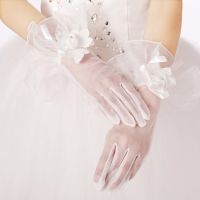 ▪ Beautiful Short Tulle with Wrist flowers Bridal Glove Wedding Gloves also for womens formal prom glove Ivory