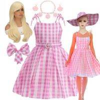 American and European Vintage Plaid Girls Barbi Dress Movie Halloween Doll Pink Girls Cosplay Costume Kid Carnival Slip Vestidos