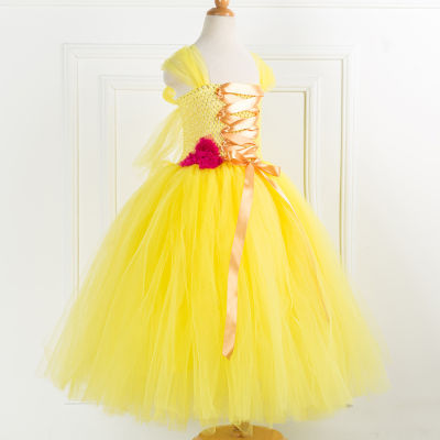 Yellow Belle Princess Long Dress for Girls Floor Dresses with Flowers Halloween Costumes for Kids Birthday Party Ball Gown 1-12Y