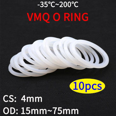 10pcs VMQ O Ring Seal ปะเก็นความหนา CS 4mm OD 15 ~ 75mm ยางซิลิโคนฉนวนกันน้ำเครื่องซักผ้าทรงกลมสีขาว Nontoxi-Yinguer