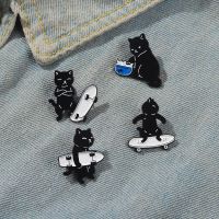 Skateboard Motion Cat Enamel Pins Custom Mysterious Black Series Brooch Lapel Badge Bag Cartoon Jewelry Gift for Kid Friend