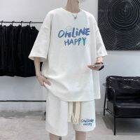 เสื้อยืดแขนสั้นวาฟเฟิลสำหรับผู้ชาย,1ชุดทรงหลวมโอเวอร์ไซส์ + กางเกงขาสั้นสำหรับผู้ชายชุดลำลองสไตล์เกาหลีฤดูร้อน