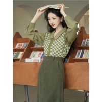 Spot parcel post Autumn and Winter New Design Sense False-Two-Piece Shirt Checkerboard Plaid Lapel Knitwear Sweater + Corduroy Skirt