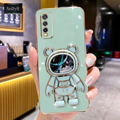 AnDyH Phone Case Vivo Y30 Standard/Y30G/iQoo U1X/Y11S/Y12S/Y12S 2021/Y12A 6DStraight Edge Plating+Quicksand Astronauts who take you to explore space Bracket Soft Luxury High Quality New Protection Design