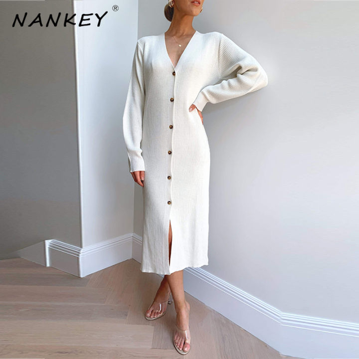 2021NANKEY V-neck Maxi Knitted Dress Spring Oversize Elegant Button Up Womens Knitwear Oversized Solid Loose Long Dresses Robe