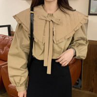 2021Neploe Gentle Style All-match Peter Pan Collar Shirt Woman Bow Lace-up Single Breasted Autumn Blouse Women Loose Puff Sleeve Top