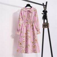 【Ladies shop】พิมพ์ลายดอกไม้ WomenWinter ChiffonBow Collar Long Stresswaist Vestidos