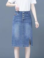 New 2023 Autumn Midi Denim Skirt Women Korean Fashion High Waist Side Slit Skirt Blue Or Black Color A Line Jean Skirts Female