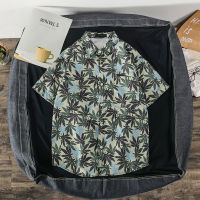 2 Colours【M-3XL】Maple Leaf Printed Pattern Short Sleeve Shirt Men Loose Stylish Summer Casual Breathabl Personality Polo Shirt