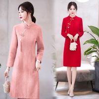 【Available】Winter Retro Buckle Stand Collar Thicken ปรับปรุง Cheongsam ผู้หญิงแขนยาวสไตล์จีน Vintage Elegant Slim Mini Dress