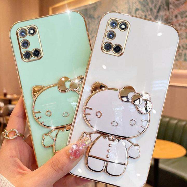 folding-makeup-mirror-phone-case-for-oppo-a52-a92-case-fashion-cartoon-cute-cat-multifunctional-bracket-plating-tpu-soft-cover-casing