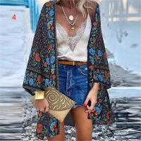 Spot parcel post Womens Clothing 2022 Europe and America Cross Border Trendy New Casual Fashion Vacation Batwing Long Sleeve Cardigan Printed Top