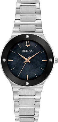 Bulova Ladies Modern Diamond Quartz Stainless Steel Bracelet Watch Silver-Tone/Black dial