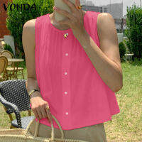 Fancystyle VONDA เสื้อกล้ามผู้หญิงสไตล์เสื้อยืดคอกลมแขนกุดมีจีบทรงหลวมเสื้อกั๊กสีทึบสำหรับวันหยุด