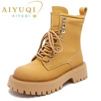 AIYUQI Womens Ankle Boots Genuine Leather 2023 New Yellow Marton Boots Women Platform Lace-up Booties Women