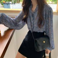 【YY】Autumn Sweet Slim Chiffon Blouse Women Puff Sleeve Korea Women Tops and Blouses Cardigan Print Floral Women Shirts Blusas 10314