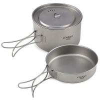 Lixada 2pcs Camping Cookware Set Titanium Pot Pan Cooking Set with Foldable Handles Mesh Carry Bag