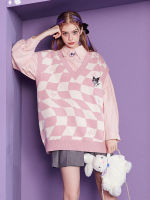 HOUZHOU ญี่ปุ่น Preppy สไตล์เสื้อกันหนาว Y2k ลายสก๊อต Kawaii ถัก Outerwear V คอการ์ตูนหลวมฤดูใบไม้ร่วง Pullover...