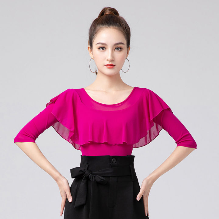 National Standard Modern Three-Quarter Sleeve Ruffled One-Piece Latin Dance  Clothes Dance Top