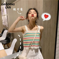 Gaodinglan ผู้หญิงสายรุ้งลาย Camis ถัก Suspenders เสื้อสลิมฟิตถังสั้นฤดูร้อนถนนเซ็กซี่เสื้อกั๊กเปิดเผยสะดือท็อปส์