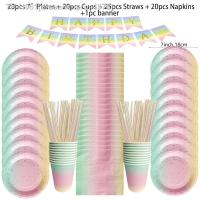 ✘┅ Rainbow Gradient Disposable Tableware Set Gold Glitter Dot Plates Cup Banner Rainbow Birthday Party Decoration Girls Baby Shower