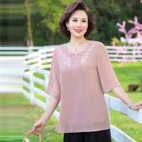 COD DSFDGDFFGHH ♕Ready stock♕Middle aged and elderly mothers short sleeved chiffon shirt womens 2021 summer new large size T-shirt