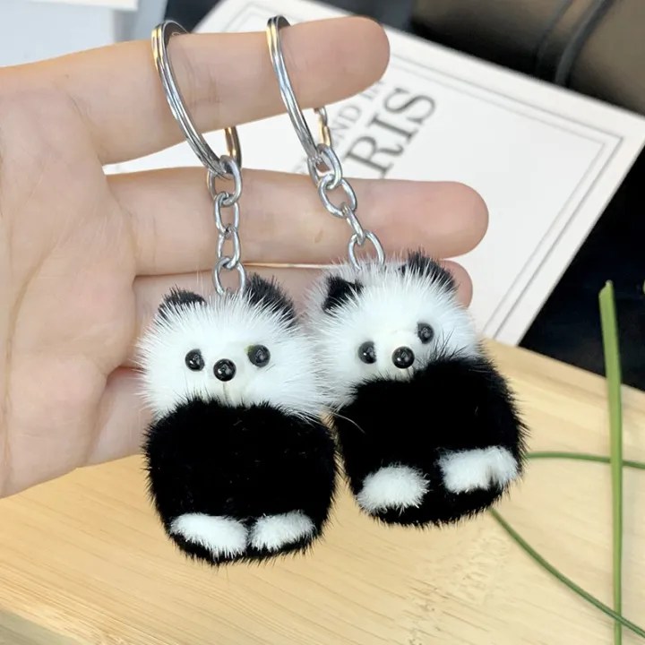 zhongloul-กระเป๋าพวงกุญแจขนมิงค์รูปแพนด้าขนตุ๊กตาหมีแพนด้าสีดำสีขาวน่ารักน่ารักอุปกรณ์เสริมพวงกุญแจ