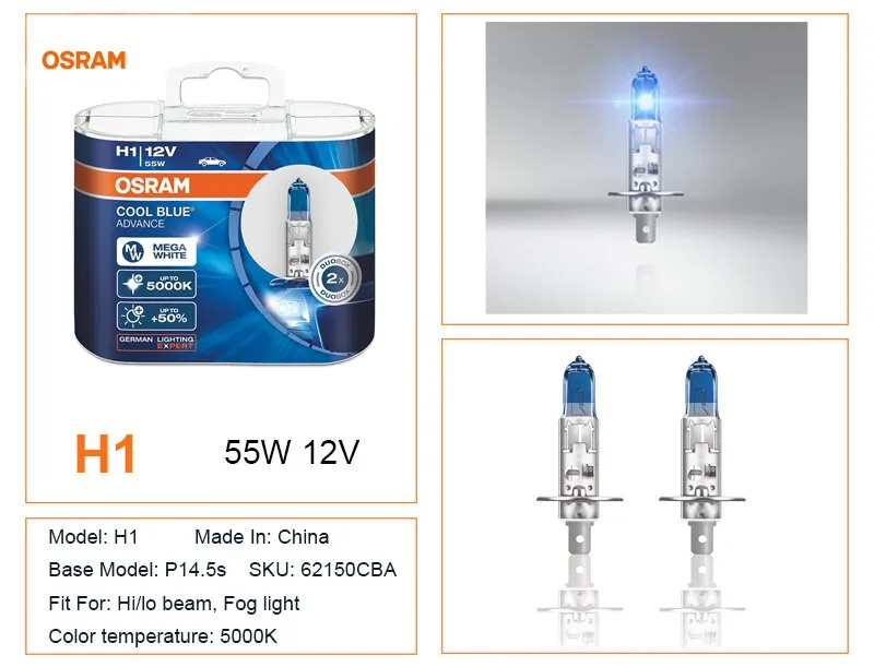 OSRAM H7 H3 H4 Cool Blue Advance H1 H9 H11 9005 9006 HB3 HB4 Halogen Lamps  For Cars Fog Lamp Headlight 5000K 55W 12V (2 Pieces)