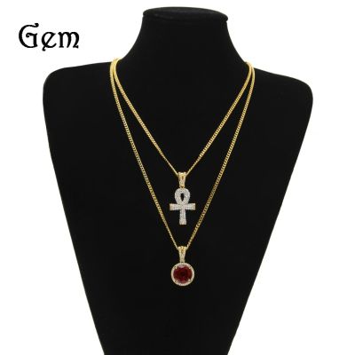 [COD] New Exquisite Hip Hop Pendant Small Gold Ruby Necklace Set