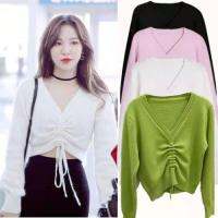 พร้อมส่ง red velvet Wendy V-Neck Knit เสื้อเชิ้ตสไตล์เกาหลี Long-Sleeved เสื้อไหมพรม Slim Korean เสื้อแฟชั่นผู้หญิง