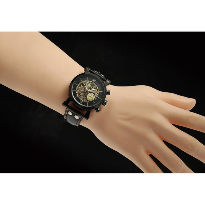 xinsu-นาฬิกาข้อมือนาฬิกากลไกอัตโนมัติกันน้ำ-นาฬิกาข้อมือสายหนัง-pu-หน้าปัดลายโครงกระดูก