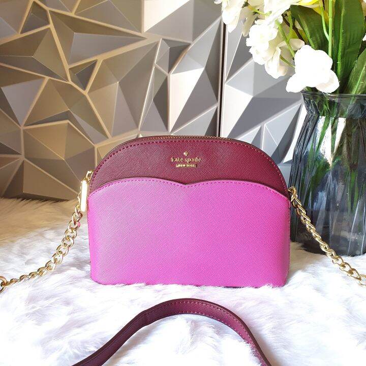 Kate Spade Mini Payton Zip Dome Crossbody Bag in Colorblock Wine / Fuchsia Pink Saffiano Leather