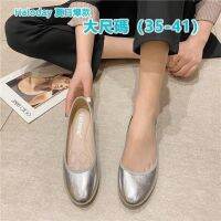 ◘ xing lu nan Large Size Womens Shoes (35-41) Silver Flat Women Round Toe Soft Sole Leather Single Boat Scoop Gold Summer Commuter OL Work Long Standing Not Tired Student