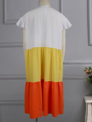 HotPlus ขนาด4XL 5XL เสื้อชุดสำหรับสตรีฤดูร้อนสีบล็อกผ้าฝ้ายสีขาวสีเหลืองหลวม Oversize เข่าความยาวสบายๆทุกวัน Outfits